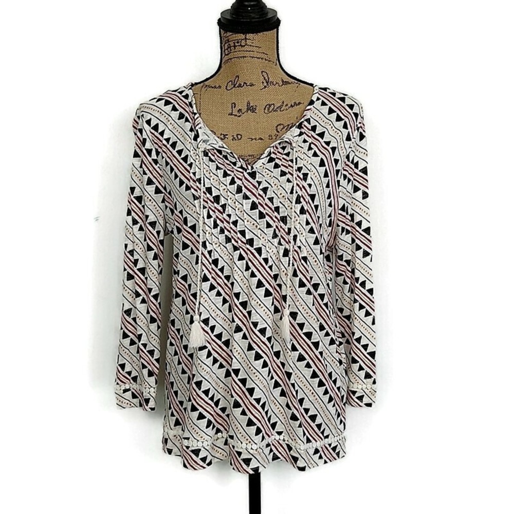 Lucky Brand Top Women Medium White Black Red Tribal Print Boho Tassel V-Neck